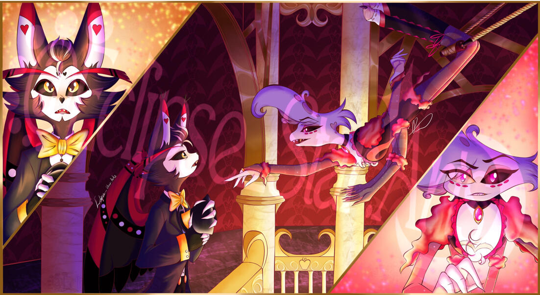 Husk & Angel Dust - Characters from Hazbin Hotel, Spindlehorse. Scene redraw from The Greatest Showman. Husk & Angel Dust - Characters from Hazbin Hotel, Spindlehorse. Scene redraw from The Greatest Showman.